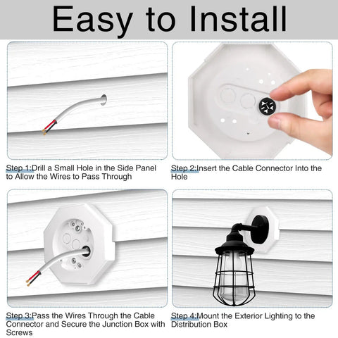 Octagonal Vinyl Siding Mounting Kit With Built In Electrical Box For One Half Inch Lap Siding, Vertical Siding Lamp Mounting Plate, No Brainer DIY Outdoor Lighting Mount On White Siding, 2 Pack installed on white vinyl siding