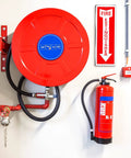 4 Pack Fire Extinguisher Signs 4x12 Inches Aluminum Laminated For Ultimate UV Weather Scratch Water Fade Resistance Indoor Outdoor Red And White Easy To Spot Eye Catching Emergency Safety Notices For Home Office Garage, installed on wall next to fire equipment.