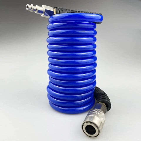Flexible Polyurethane Recoil Air Hose, One Quarter Inch Inner Diameter, Ten Feet Blue With Bend Restrictor And Industrial Quick Coupler And Plug