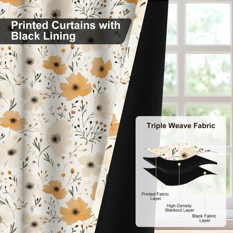 Floral Blackout Curtains For Bedroom And Living Room 84 Inch Length Two Panels Set Thermal Insulated Light Blocking Drapes With Tiebacks Farmhouse Darkening Window Treatments For Light And Noise Reduction showing black lining and triple weave fabric.