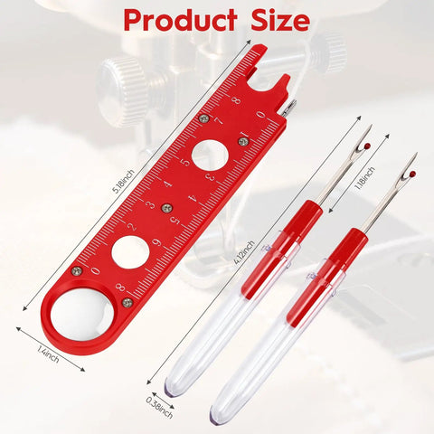 4 In 1 Automatic Sewing Needle Threader With Magnifier And Seam Guide Built In Dual Scale Ruler For Quick Threading Handy For Quilting And Alterations Includes 2 Seam Rippers In Red, product size view