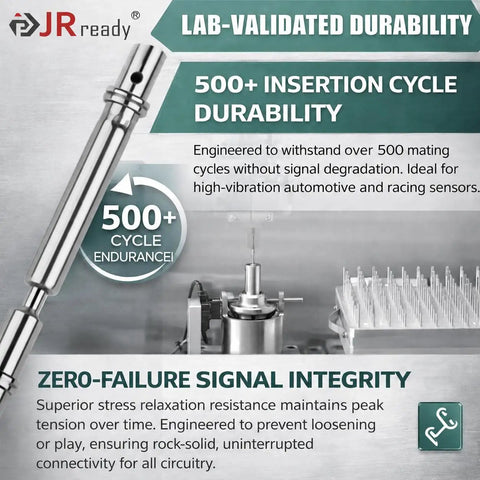 JRready Deutsch Dtm Connector Pins And Sockets Size 20 Solid Contacts set showing lab-validated durability and insertion cycle test.