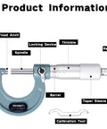 Outside Micrometer With Carbide Tip, Pro Grade Precision 0-1 Inch Range, 0.0001 Inch Accuracy, Vernier Scale For Exact Diameter Readings, Ratchet Stop For Consistent Testing Pressure, Durable Baked Enamel Frame Protection showing labeled parts