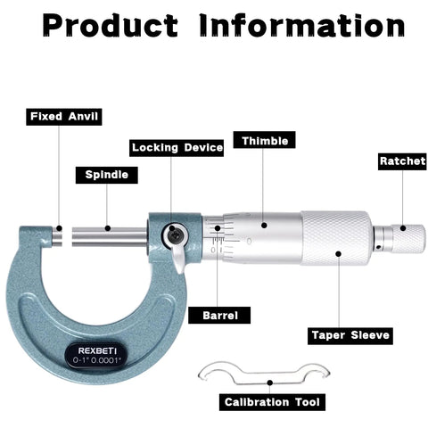 Outside Micrometer With Carbide Tip, Pro Grade Precision 0-1 Inch Range, 0.0001 Inch Accuracy, Vernier Scale For Exact Diameter Readings, Ratchet Stop For Consistent Testing Pressure, Durable Baked Enamel Frame Protection showing labeled parts