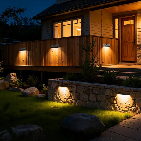 All In One Outdoor Retaining Wall Lights Kit With Transformer 2700K Warm White Hardscape Landscape Lighting illuminating steps
