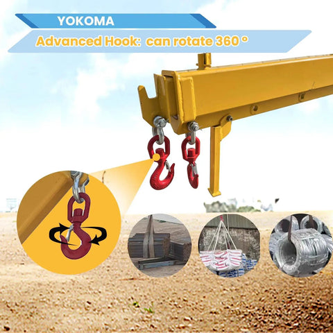 Built Tough Forklift Jib Boom Telescopic Crane Attachment With 0 To 75 Degrees Tilt And 4400 Pound Capacity showing advanced rotating hooks.