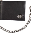 Rugged RFID Leather Bifold Chain Wallet For Men In Pebbled Black with heavy duty chain and hook on white background.