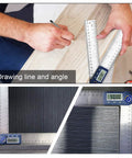 Top Shelf Heavy Duty Digital Angle Finder And 2 In 1 Digital Protractor With Seven Inch Stainless Steel Ruler in use on wood surface.