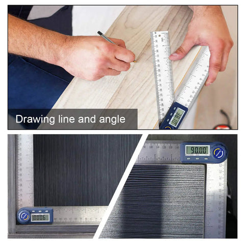 Top Shelf Heavy Duty Digital Angle Finder And 2 In 1 Digital Protractor With Seven Inch Stainless Steel Ruler in use on wood surface.