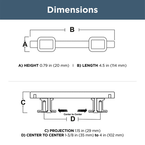 Diagram showing dimensions of Matte Black Cabinet Handles 5 Pack Adjustable Drawer Pulls For Kitchen Cabinets Dressers And Cupboards Fits 1 3/8 To 4 Inch Hole Centers With Adjusta-Pull By Franklin Brass.