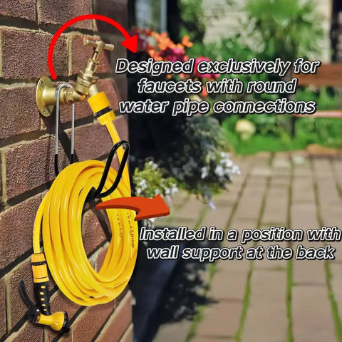 Wall Mounted Garden Hose Holder 304 Stainless Steel Rust Proof Heavy Duty Hose Hanger Keeps Up To 50 Ft Of Garden Hose Off The Ground Ideal For Expandable Hoses And Outdoor Watering Storage installed on brick wall with hose attached