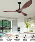 Big 60 Inch Outdoor Ceiling Fan With Remote Control, Reversible DC Motor For Patio, Walnut Finish With Black Accents