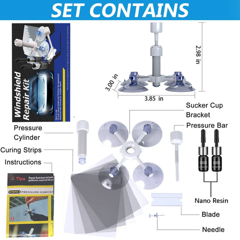 Windshield Repair Kit 2 Pack For Chips And Cracks Quick Fix With Slow Pressure System components overview with sizes shown