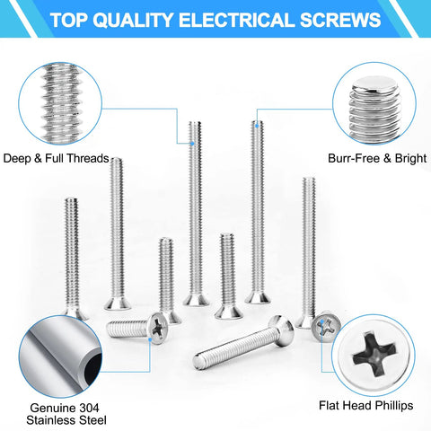 100 Piece Phillips Flat Head Screws Kit For Electrical Projects Sizes 6-32 And 8-32 Extra Long 304 Stainless Steel Outlet Screws