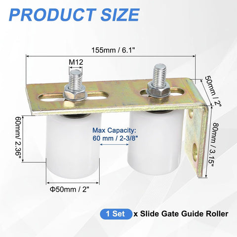 Slide Gate Guide Roller Set With L Shaped Bracket Nylon Rollers Two Inch Diameter And Two And Three Eighths Inch Length Universal Ball Bearing Gate Guider For Sliding Doors White