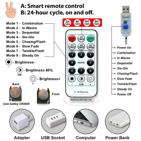 Warm White Fairy String Lights With Photo Clips And Hooks, USB Powered control panel, remote, adapters, and USB connection for 8 modes.