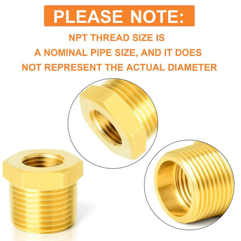 Close-up of brass hex bushing fittings from Brass Hex Bushing Fitting Kit 12-Piece For Plumbing And Hydraulic Lines with focus on thread detail.