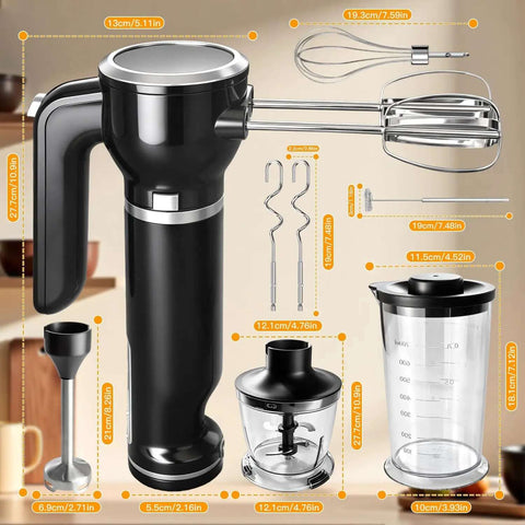 Electric Hand Mixer And Immersion Blender With Six Attachments Including Wire Whisk, detailed view of accessories and measurements.