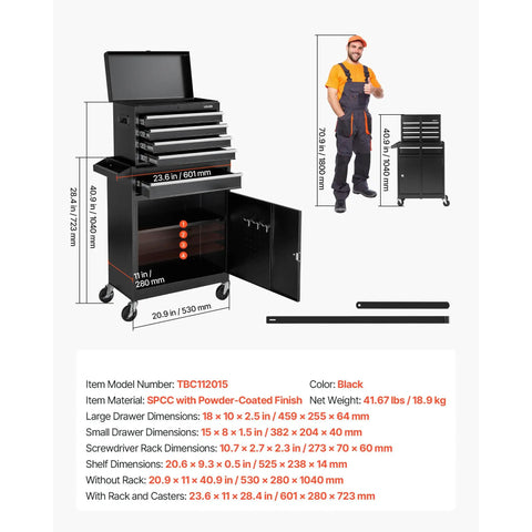 Rolling Tool Chest And Cabinet Set 2 In 1 Design With Five Drawers And Detachable Top Tool Box Built Tough Lock Bar Protective Liner Tools Rack For Garage Workshop And Warehouse Storage shown with dimensions, in black color.