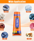 Permanent Fabric Glue 60 ML Washable Clear Clothing Glue For Rhinestones Patches Clothes Denim Leather Polyester Fabrics And Doll Repair. Image shows glue tube and fabric types.