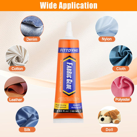 Permanent Fabric Glue 60 ML Washable Clear Clothing Glue For Rhinestones Patches Clothes Denim Leather Polyester Fabrics And Doll Repair. Image shows glue tube and fabric types.