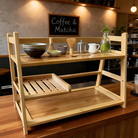 Bamboo Matcha Station Organizer With 3 Tier Shelf Large Capacity For Coffee And Tea Bar Accessories Easy Tool Free Assembly Eco Friendly Kitchen Decor Perfect For Matcha Lovers And Coffee Nerds displayed on a kitchen counter