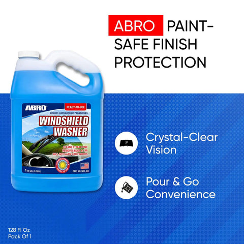 Heavy Duty One Gallon Windshield Washer Fluid With Tough Bug And Tar Blasting Blend For Darn Clean Streak Free Glass On Your Favorite Road Warrior Family Ride in a blue jug.