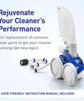 Automatic pool cleaner with wheels and filter bag shown with replacement parts, text reading 'Rejuvenate Your Cleaner’s Performance'