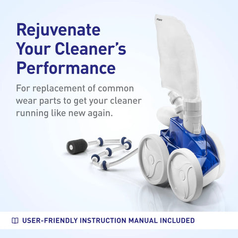 Automatic pool cleaner with wheels and filter bag shown with replacement parts, text reading 'Rejuvenate Your Cleaner’s Performance'