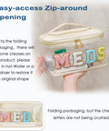 Clear Waterproof Meds Organizer Makeup Bag With Top Handle Grab And Go Large Transparent Nylon Cosmetic Toiletry Case For First Aid Travel Beige Chenille Letter Design with zip-around opening