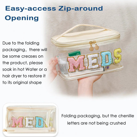 Clear Waterproof Meds Organizer Makeup Bag With Top Handle Grab And Go Large Transparent Nylon Cosmetic Toiletry Case For First Aid Travel Beige Chenille Letter Design with zip-around opening