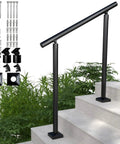 Hella Sturdy Aluminum Round Stair Handrail Kit For Indoor Outdoor Steps And Porch Deck With Rock Solid 800 Pound Load Capacity Built Tough Textured Black Railing installed on concrete stairs with mounting hardware.