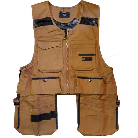 Men Work Vest With Tool Pockets Pro X Large Brown Duck Cotton Utility Vest Featuring Measuring Tape Pockets Four Hanging Tool Pockets Inside Belt And Built In Shoulder Pads For All Day Comfort in front view