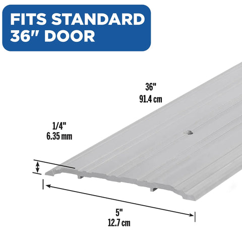 Built Tough Aluminum Commercial Flat Profile Threshold For Heavy Traffic Entryways With Draft Protection And Fire Rated UL Listed Finish Five Inch By One Quarter Inch By Thirty Six Inch Silver Finish - side view showing dimensions for standard 36" door fit.