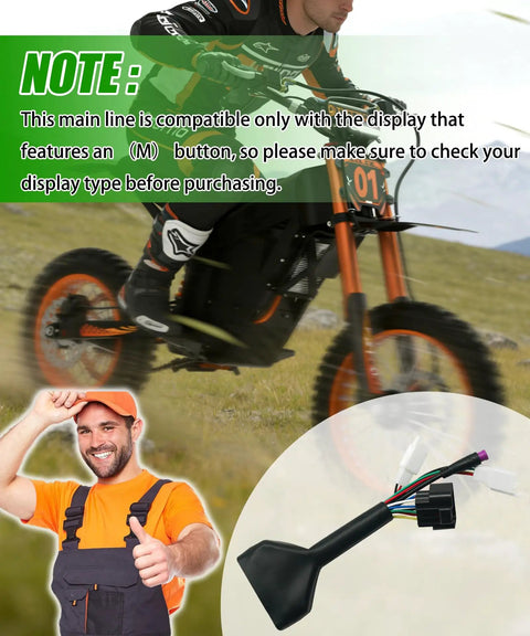 Ebike Controller Main Line Wire Harness for Display Compatibility and M Button Use, shown with an ebike and smiling mechanic