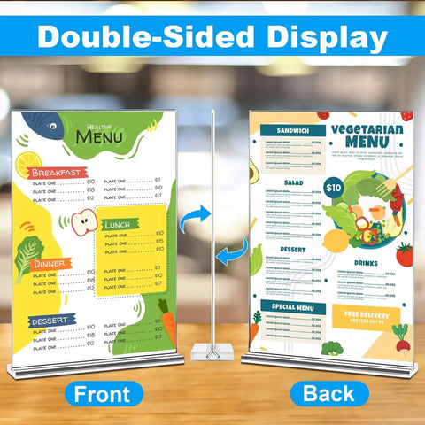 Crystal Clear 8.5 By 11 Inch Acrylic Sign Holder Set, 10 Pack, Double Sided display with menu on a tabletop setting