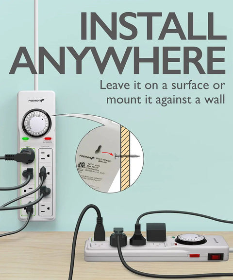 Eight-Outlet Power Strip With Timer And Surge Protector, wall-mounted, showing four timed outlets and four always-on outlets