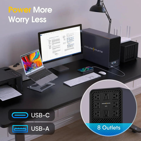 Office setup with LiFePO4 Powered UPS Battery Backup And Surge Protector With 1500 VA And 1200 W Output, Sinewave AVR, and LCD Display.