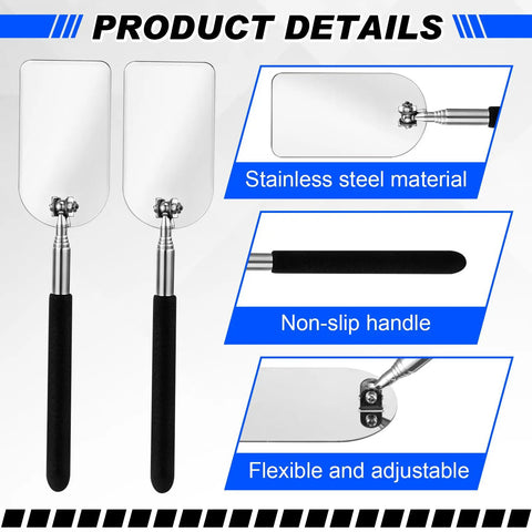 Two Pack Telescoping Welding Inspection Mirrors, 2 x 3.75 Inch Stainless Steel Rectangular Mirrors With Pivoting Heads and Grip Handles
