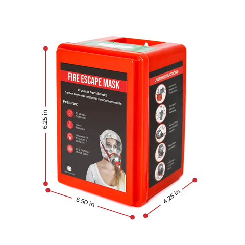 Fire Emergency Escape Mask And Hood For Smoke And Carbon Monoxide Protection, package showing dimensions and features