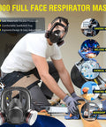 Man wearing full face respirator mask while working, highlighting uses for sanding, welding, chemical, painting, and workshop tasks.