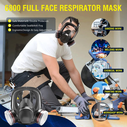 Man wearing full face respirator mask while working, highlighting uses for sanding, welding, chemical, painting, and workshop tasks.