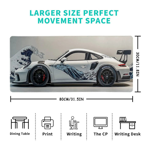 Ukiyoe Style Sports Car Themed Large Gaming Mouse Pad Desk Mat 31.5 By 11.8 Inches With Non Slip Rubber Base For Gamers And PC Enthusiasts