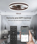 Compact 16 Inch Ceiling Fan With Lights And Remote App Control for Bedroom shown with remote and smartphone app