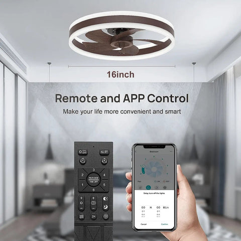 Compact 16 Inch Ceiling Fan With Lights And Remote App Control for Bedroom shown with remote and smartphone app