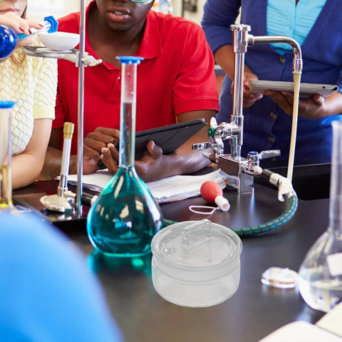 60x30 mm Graduated Glass Measuring Flask With Ground Glass Stopper, clear readings in a lab setting with students