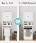Over The Toilet Storage Cabinet With Adjustable Shelf And Anti Tip Base Freestanding Bathroom Rack shown over toilet and washing machine.