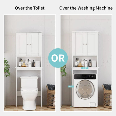 Over The Toilet Storage Cabinet With Adjustable Shelf And Anti Tip Base Freestanding Bathroom Rack shown over toilet and washing machine.