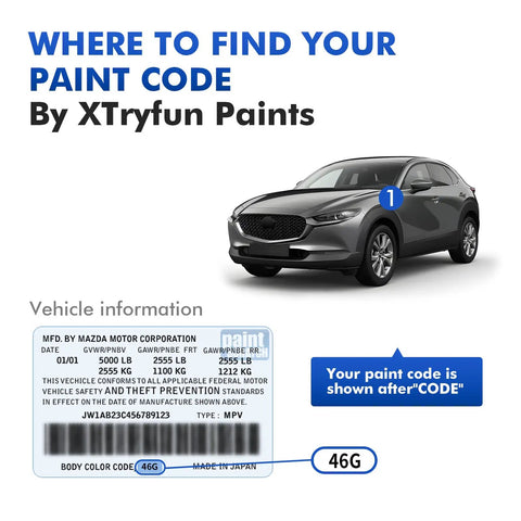 Mazda car with instructions on finding paint color code for 46V Soul Crystal Red Touch Up Paint For Mazda Cars DIY Scratch Repair No Fuss Quick And Easy Fix To Keep Your Ride Looking Fresh For CX5 CX50 CX30 CX9 CX90 CX70 Mazda3 MX5.