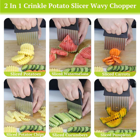 Front view of Suuker 2-in-1 crinkle cutter and peeler; stainless blades; sliced potatoes, watermelons, carrots, cucumbers